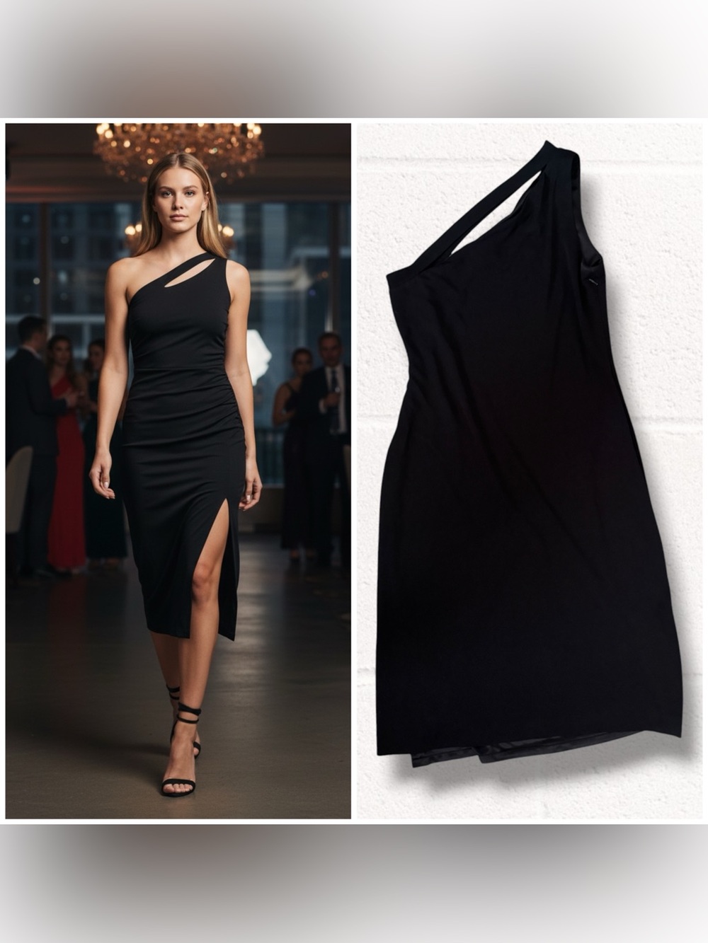 H by Halston Black One-Shoulder Cutout Midi Cocktail Dress, 10